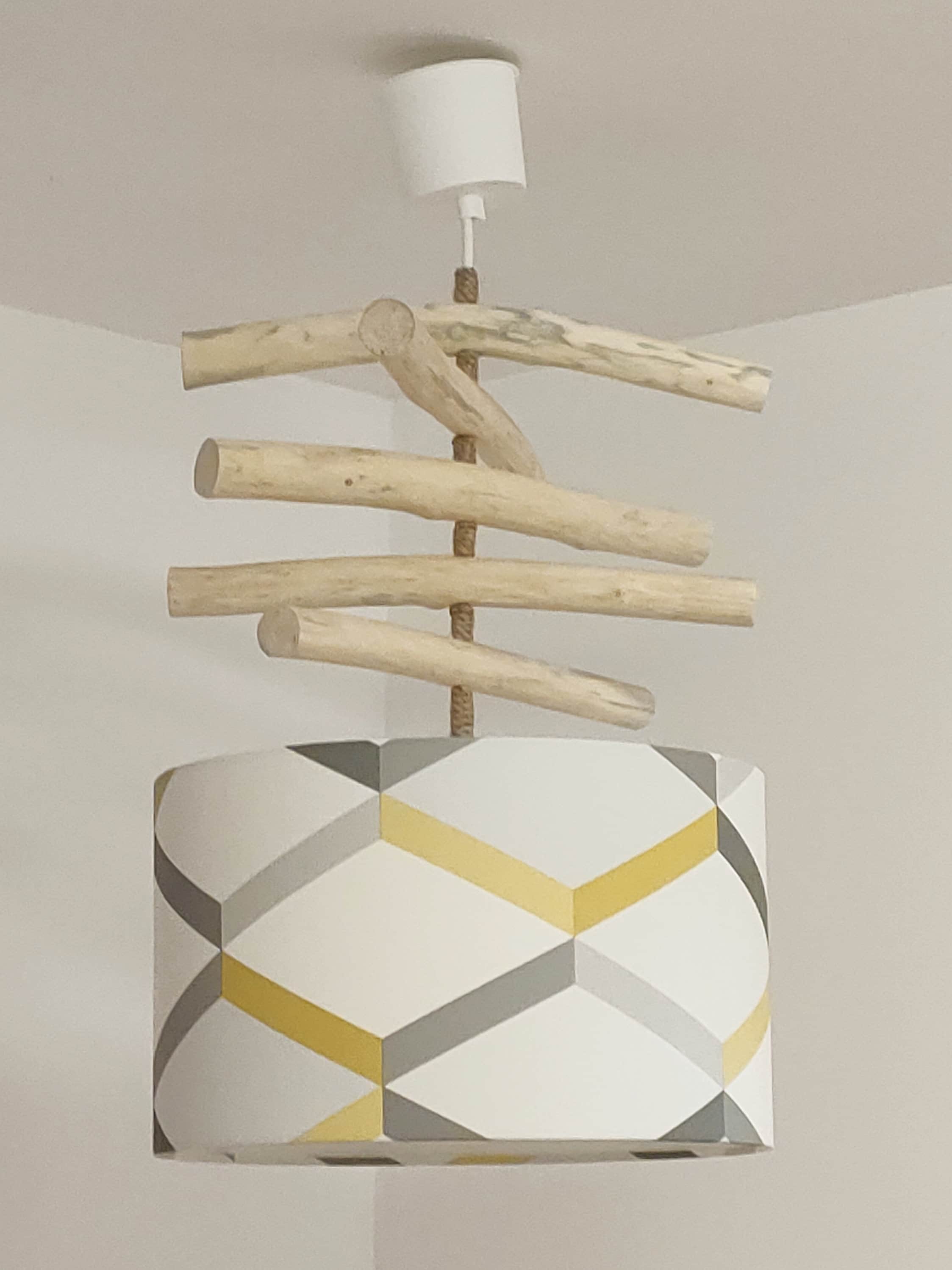 Lustre bois flotté abat-jour géométrique scandinave jaune gris 30 cm ...
