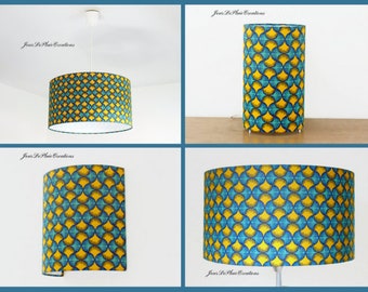 Abat-jour - suspension - lampe tube ou applique murale tissu wax africain jaune et bleu idée cadeau noël anniversaire décoration