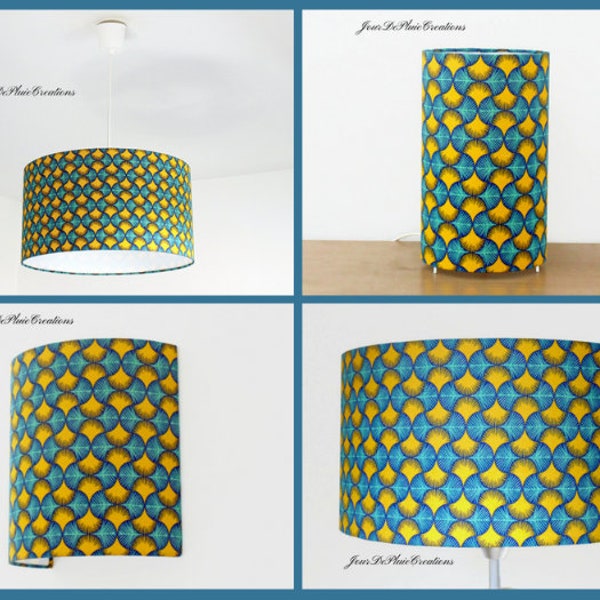 Abat-jour - suspension - lampe tube ou applique murale tissu wax africain jaune et bleu idée cadeau noël anniversaire décoration