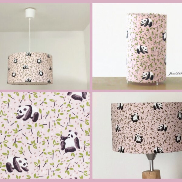 Abat-jour - suspension - lampe tube - applique murale motifs panda fond rose idée cadeau noël anniversaire liste de naissance chambre bébé