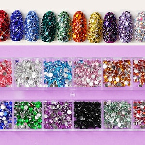 12 grids Rhinestones For Nails Art Decorations / multi colored flat crystal nail art decal/ Decoration 3D Gems Rhinestones