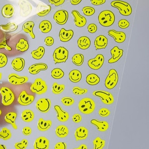 Melted Smile Happy Face Nail sticker/ Smiley Emoji Nail Art Stickers Self Adhesive Decals/ Smiley Face Yellow Manicure stencil