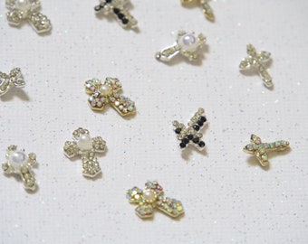 4pcs Cross Crucifix Nail Decoration/ Silver Gold Christian Nail DIY deco/AB Gemstone Jesus Cross Charm Nail Decals