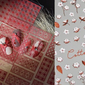 Festive Red Nail Stickers/cotton Flower Nail Art Floral Ultra - Etsy