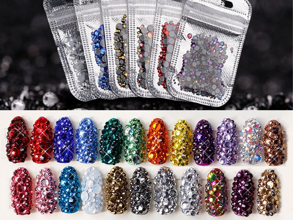 Multi color Flatback Nail Diamonds Jewels Rhinestones,Nail Gems and  Rhinestones Kit - 1#+3#