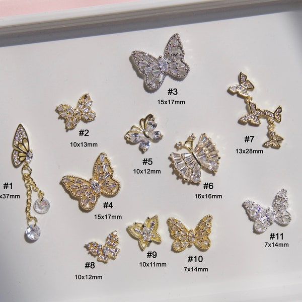 18k Gold Butterfly 3D Zircon Nail Ornament Decal/ Butterfly Trendy Nail Jewelry Spread wings Fairy Tale Nail Art Crystal Manicure supply