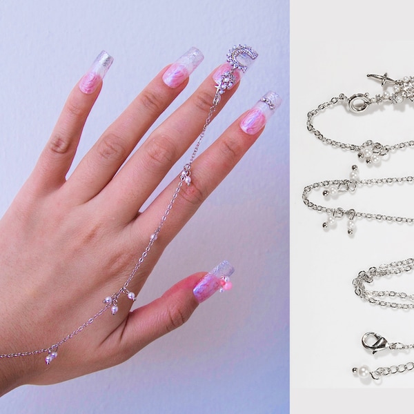 Silver Nail Jewelry 3D Zircon Pearls nail ornament Decal/ Bracelet Nail Connecter/ Nail Fancy Punk Rock Dangle Link Chain Nail Supply