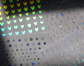 Holographic Silver Heart Star Rose Nail Stickers/ Iridescent Silver Reflective Peel off Sticker Decals/ Holiday Manicure Selection