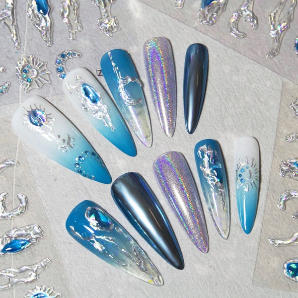 Blue Gems Jelly Nails Sticker/ 3D Halo imitation hand-painted Peel off Stickers/ Blue Ocean Gems Moon Abstract Artistic Lines Manicure