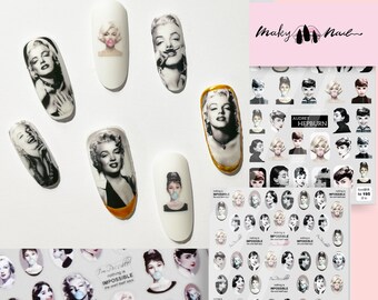 Marilyn Monroe Portrait Nail Sticker Audrey Hepburn Stickers Self Adhesive Decals Bubble Gum Black and White nail art Pin Up Pop Art