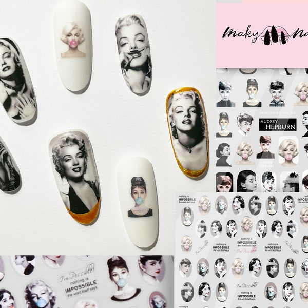 Sticker pour ongles Marilyn Monroe Portrait Audrey Hepburn Stickers Autocollants autocollants Bubble Gum Nail art noir et blanc Pin Up Pop Art