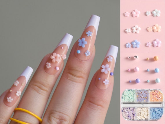 niuredltd 3d flower nail charms for acrylic nail 6 grids 3d nail flowers  rhinestone white pink blue cherry acrylic nail art supplies with pearls  manicure diy nail decorations - Walmart.com