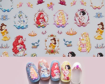 Disney Princess Nail Sticker Ariel Cinderella Snow White Sleeping Beauty Aurora Belle Cartoon Nail Stickers/ Fairy Tale Enchanted Kingdom