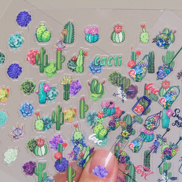 Succulent Plant Desert Cactus Nail Art Sticker/ Botany Echeveria elegans Succulents Green Plants Stickers/ Cacti Cereus Sticker for Manicure