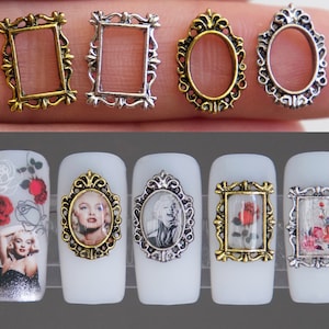 3D Frame Vintage Nail Decal/ Retro Nail Hollow Frames Floral Painting Photo Frame Nail Art Metallic Studs Charms 5D Nail Supply