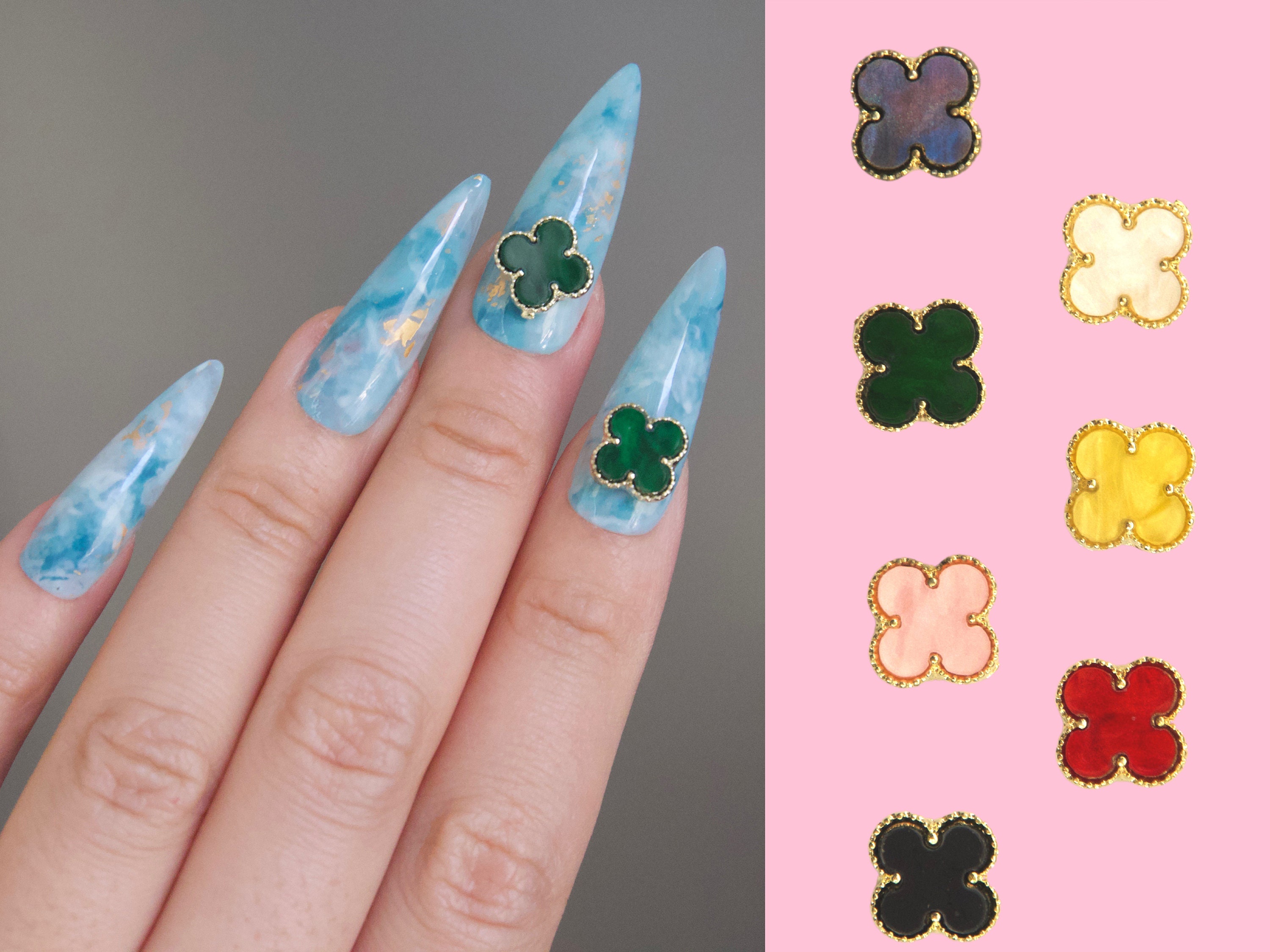 2 Pcs Four Leaf Clover Gold 3D Metallic Rhinestone Nail Studs - Etsy