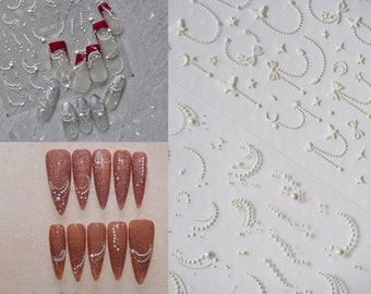 White Pearls Beaded Smile Arch Nail Sticker/ 3D Embossed French Line-Arc Lunula Dotted Butterfly Decals/ Peel off Moon Bow tie Pearl Stencil