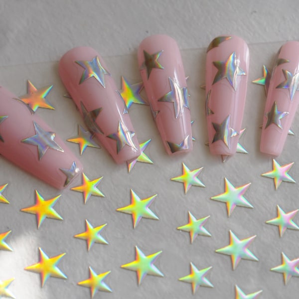 Holographic Metallic Stars Stickers / Eye-catching Rainbow effect peel off nail sticker/Light and perspective change Night sky Star Stencil