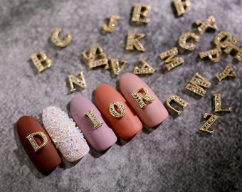 2 pcs A-Z English Letters Gold 3D Metallic Rhinestone nail studs /AB stone nail art charm / Jewelry making charm/ Alphabet AB Crystal Nails