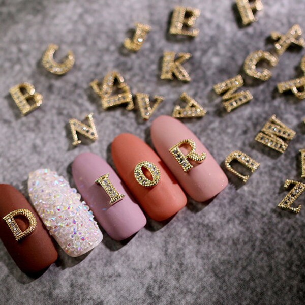 2 pcs A-Z English Letters Gold 3D Metallic Rhinestone nail studs /AB stone nail art charm / Jewelry making charm/ Alphabet AB Crystal Nails