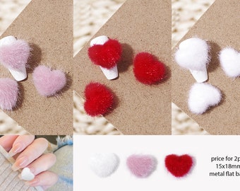 2pcs Heart Pom Poms Nail Decal/ Pink Red White Winter Christmas 3D Heart Fluffy Plush Ball/ PomPom  Charms for DIY Girls Nail Art