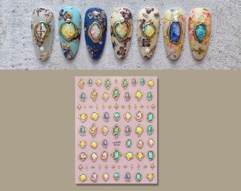 Vintage Gemstone Prints Gold framed Gilding Nail stickers/ Embossed Frames Sticker Nail Art/ Galaxy Purple Stars Asymmetrical Stencil