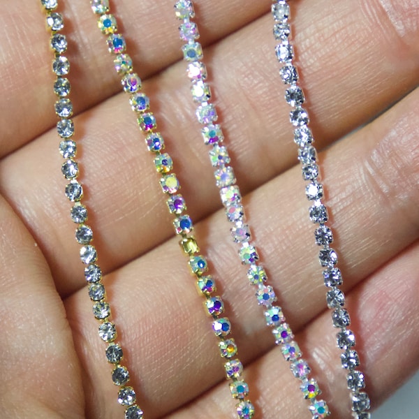 1 Y 2mm Claw Gold Cup Rhinestones Chain/ Tiny Cube Cup Chain Trim Crystal AB Color With Silver Color for nail jewelry DIY supply