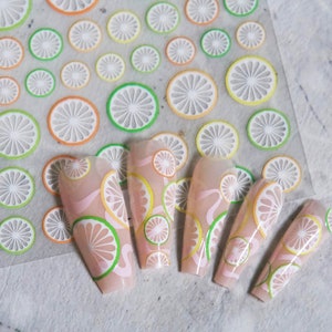 Lemon Lime Orange Nail Art Sticker/ Juicy Fruits DIY Tips Guides peel off Stickers/ Orange Yellow Green Kawaii Summer Nails Decal