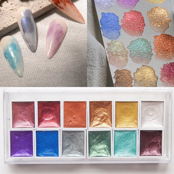 Glitter Metallic Watercolor Set-12 Assorted Colors/ Universe Starry Pearl Glittery Air Dry Water Color Solid Pigment Paint Shiny Aquarelle