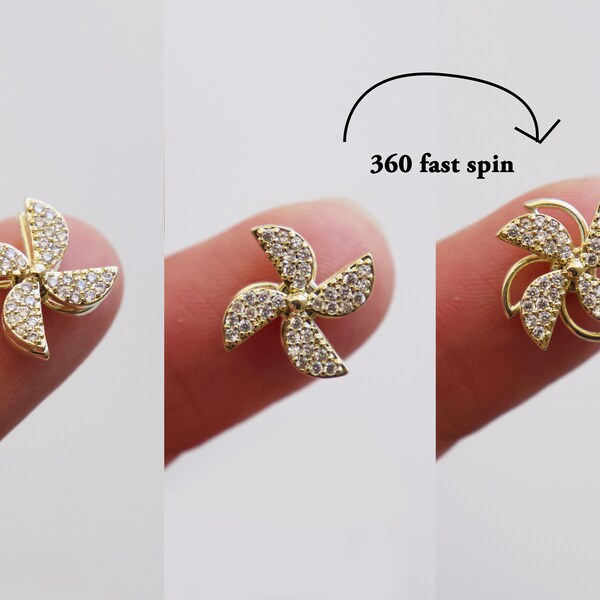 3D Windmill Spinning Zircon nail decoration/ Gold plated Spin Rotation charm Nail DIY decal/ Rotate Pinwheel Nail Jewelry Thumb Nail Stud