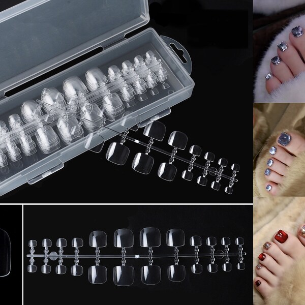 240pcs Toenail Full Cover Square False Fake Nails Tips/ Ultra Thin Durable Clear UV Gel Pedicure Press on Toe Nail