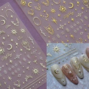 Gilding Crescent Moon Sun Star Nail sticker/ Silver Gold Supernatural Astrological 3D Embossed Stickers for nail art/ Mindful Nails