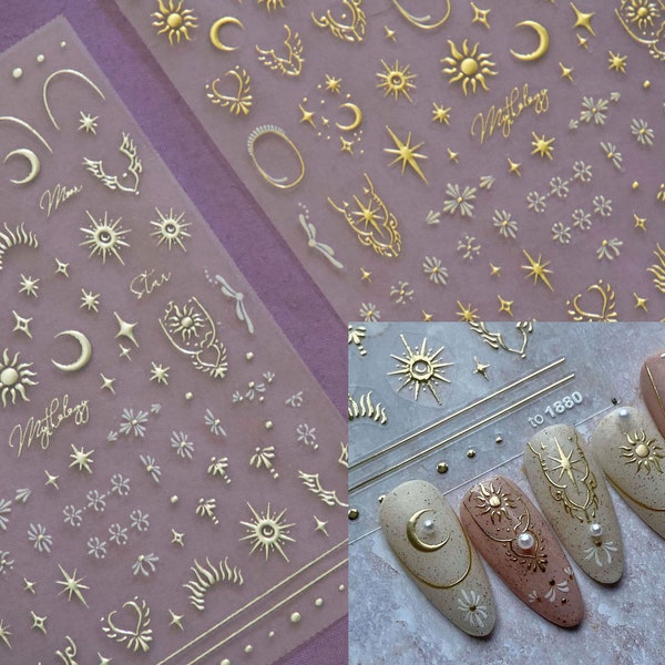 Sticker pour ongles croissant de lune soleil étoile dorure/autocollants en relief 3D astrologiques surnaturels argentés et or pour nail art/ongles conscients