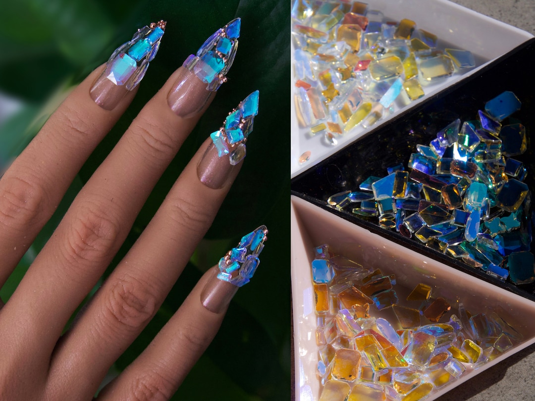 Collage style acrylic stone nail designs