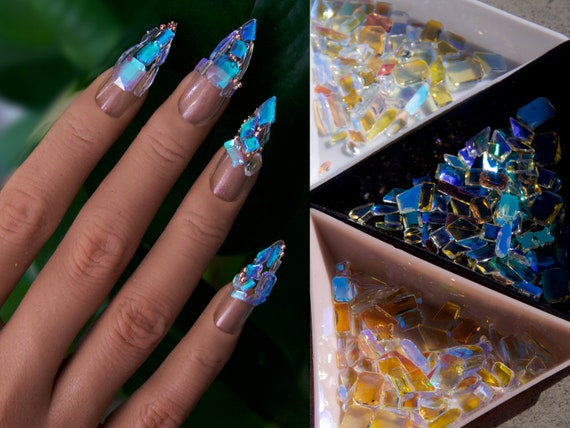 70 Pcs Mixed Polar Light Crystals/ Nail Jewelry Diamond Set/ Aurora Crystal  Nail Art Rhinestones/glass Jelly Geometrical Nail Decals 