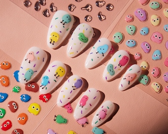 Cute Jelly Beans Candy Nails Sticker/ 3D Delightful Doodles Peel off Stickers/ Kawaii Big Eyes Emoji Nail Decals Manicure Pedicure