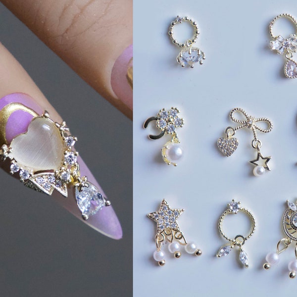 14k Gold Zircon Nail Dangle / Instagram 3D Nail Ornament Nail Decal/ Royal Starry Moon nails Charm/ Dainty Nail Jewelry Supply