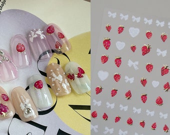 Strawberry & Bow Tie Nail sticker/ Gilding Gold Leaf Kawaii Red Strawberry White Lace Self Adhesive Decals/ Cute Fruity Manicure Stickers