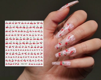 Red Cherry Nail Art Sticker/ Cherries Fruits DIY Tips Guides peel off  Stickers/ Kawaii Summer Nails Decal