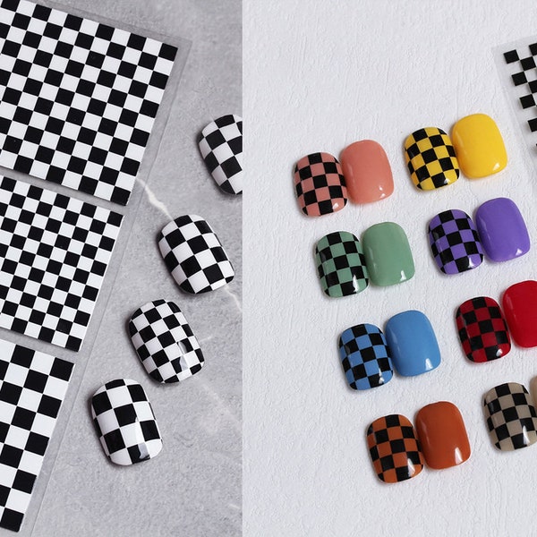 Schwarzweißes Kariertes Karomuster Muster Nail Art Sticker / Quadrat Grids Peel Off Tips Aufkleber / Black Clear Check Nail Abziehbild Versorgung