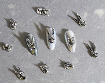 Vintage Silver Little Devil Nail Studs for Halloween/ Evil Mask Rabbit Retro Nail Art Metallic Charms 3D Decal Nails Supply/ Horror Punk