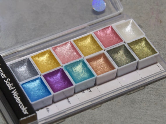 Glitter Metallic Watercolor Set-12 Assorted Colors/ Universe Starry Pearl  Glittery Air Dry Water Color Solid Pigment Paint Shiny Aquarelle 