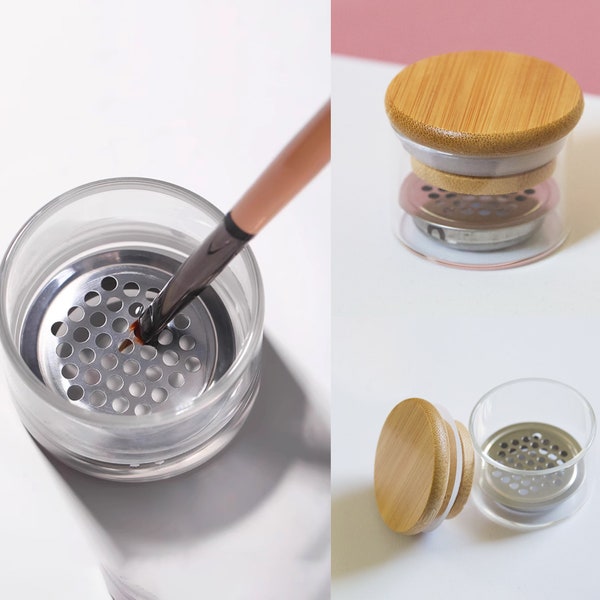 Steel Strainer Brush Cleansing Glass Cup / Nail Brushes Washing Bowl Wood Lid/ Wash off Glitters, Powders, or Gel Remnants Manicure Tool