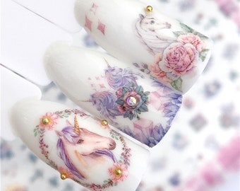 Fairy Unicorn nail sticker/ 1 Sheet 3D Nail Art Stickers Self Adhesive Decals/ Unicorn Floral Greens Nail Appliques