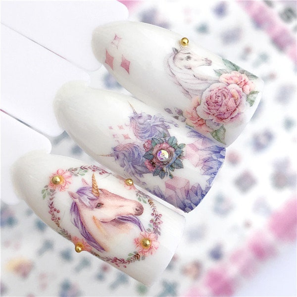 Fairy Unicorn nail sticker/ 1 Sheet 3D Nail Art Stickers Self Adhesive Decals/ Unicorn Floral Greens Nail Appliques