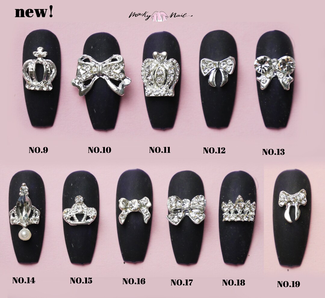 2 Pcs 3D Metallic Silver Rhinestone Nail Studs / Crown and Bow - Etsy
