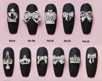 2 pcs 3D Metallic Silver Rhinestone nail studs / crown and bow tie charm Nail design nail art/ Manicure Nail 3D decorations