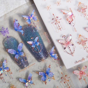 Morpho Reflective Butterfly Chandelier Nail sticker/ Seashell Iridescent Dazzling Rainbow Hue Vintage Princess 3D Stickers for Nails Art