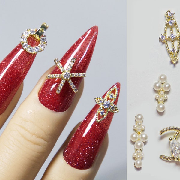 Christmas Snow 14k Gold Zircon Nail Art Jewelry/ Instagram 3D Nail Ornament Nail Decal/ Pearly Fairy Tale Nail Studs Supply