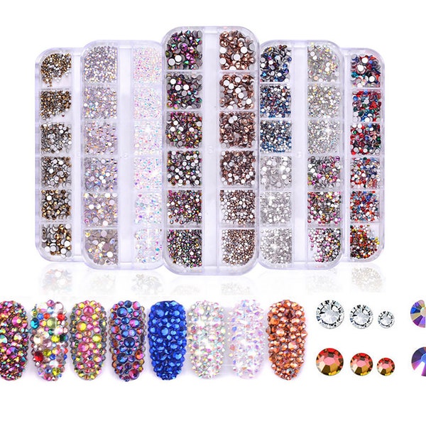 12 grilles de strass pour décorations d'ongles / Décalcomanie pour nail art avec cristaux AB multicolores à dos plat / Artisanat 3D de pierres précieuses et manucure